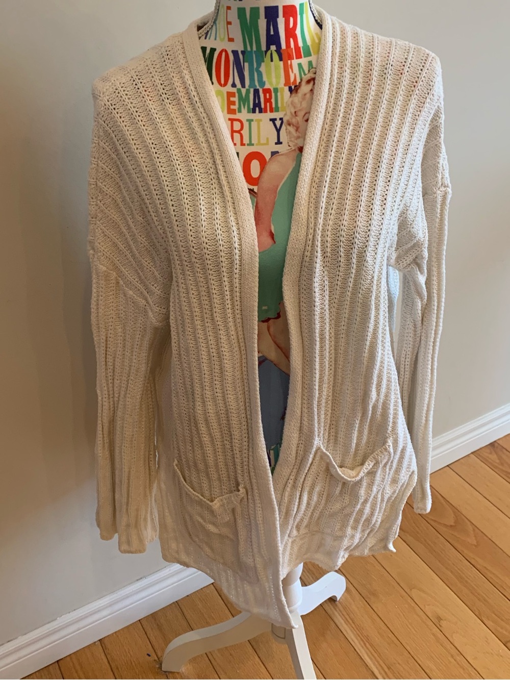 American Eagle Women's Cream Open-Front Knit Cardigan Sweater